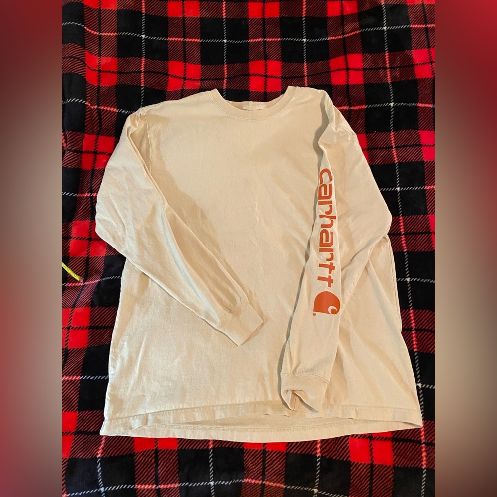 Carhartt Men's Beige Long Sleeve Tee with Orange Logo
